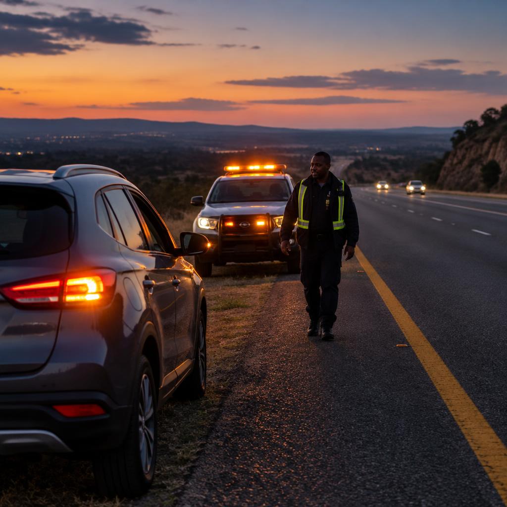 Security response vehicle assisting a broken-down car