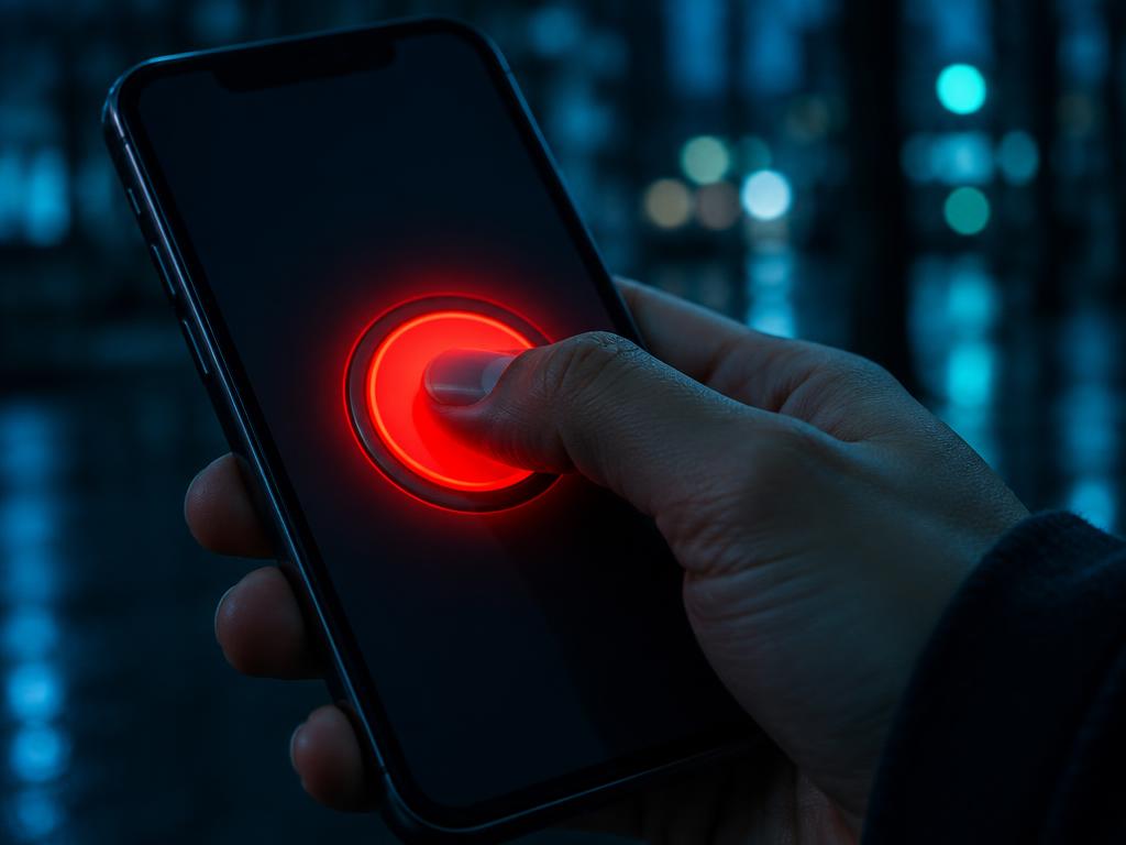 Hand pressing a red panic button on a phone