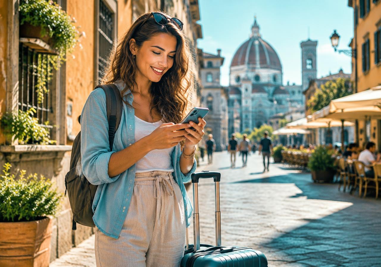Traveller using her phone abroad