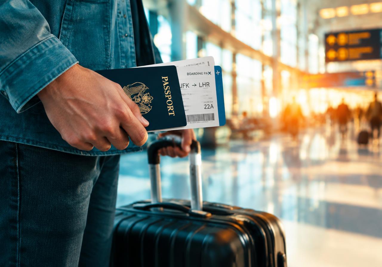 Traveller with passport and suitcase